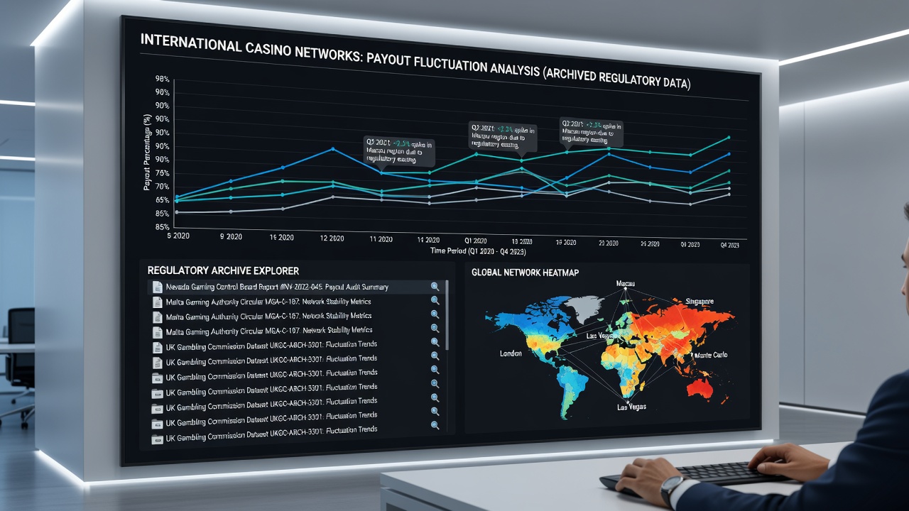 Map overlay showing casino network payout data points from regulatory filings in various countries