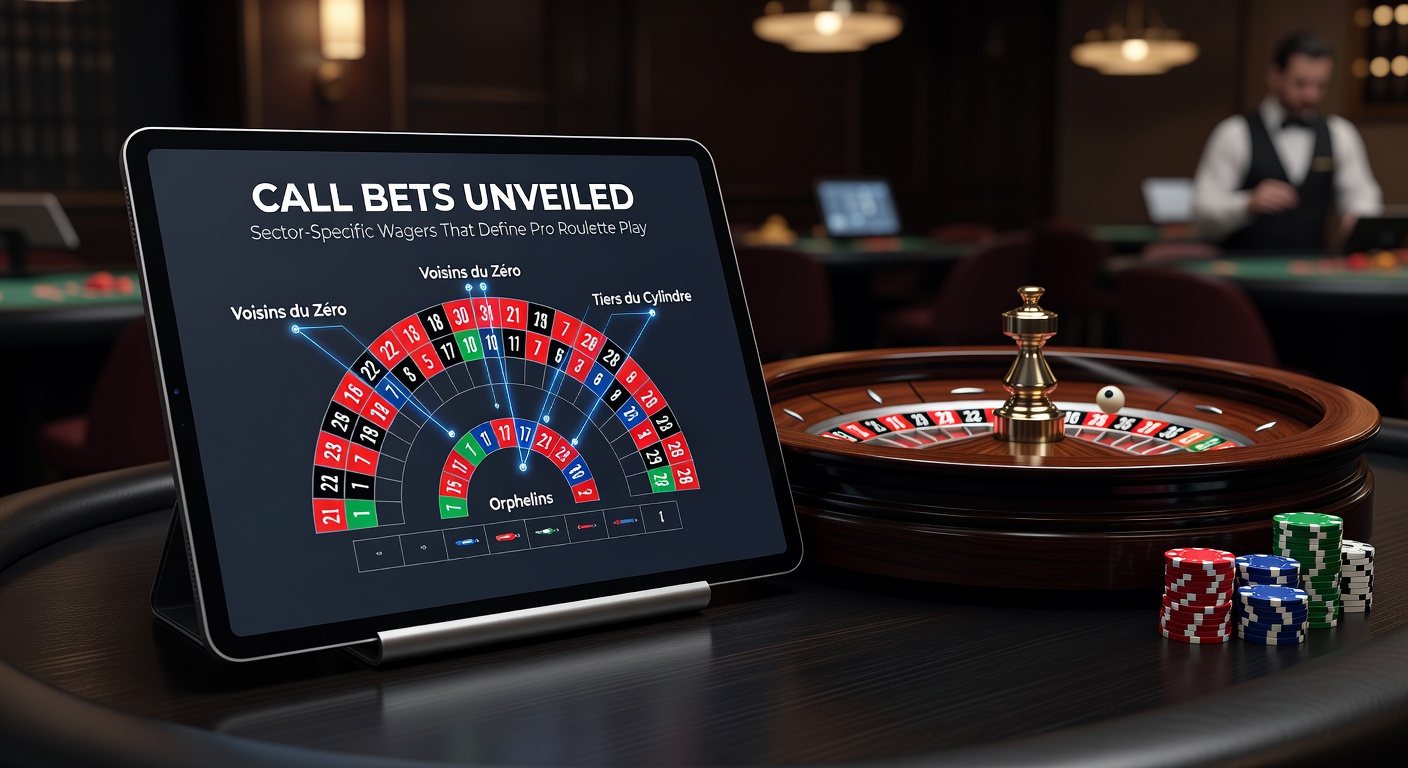 Dealer announcing a call bet at a roulette table, with players watching the wheel spin and chips stacked for sector wagers