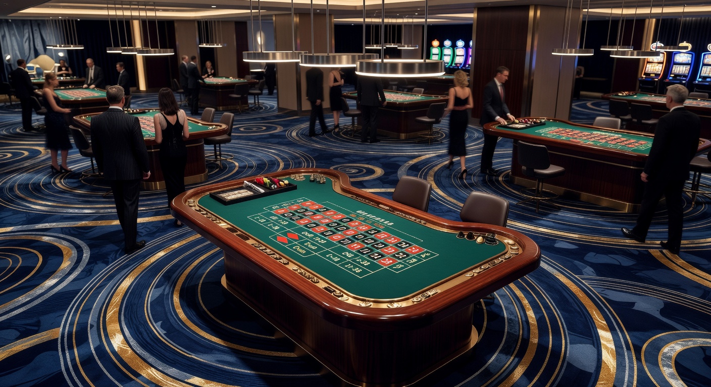 Casino floor layout showing roulette tables positioned near high-traffic walkways and ambient lighting zones