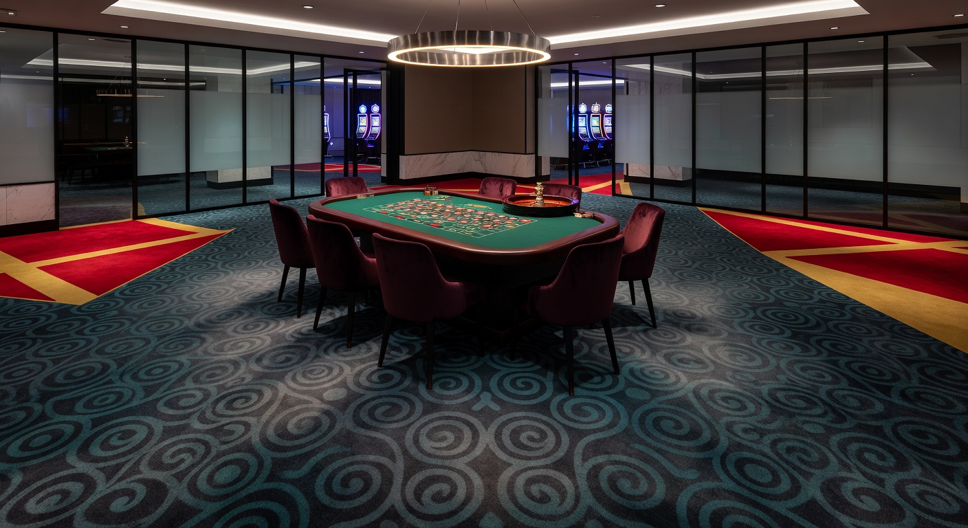 Detailed view of roulette table surrounded by strategic carpet patterns and nearby gaming machines influencing player pathways