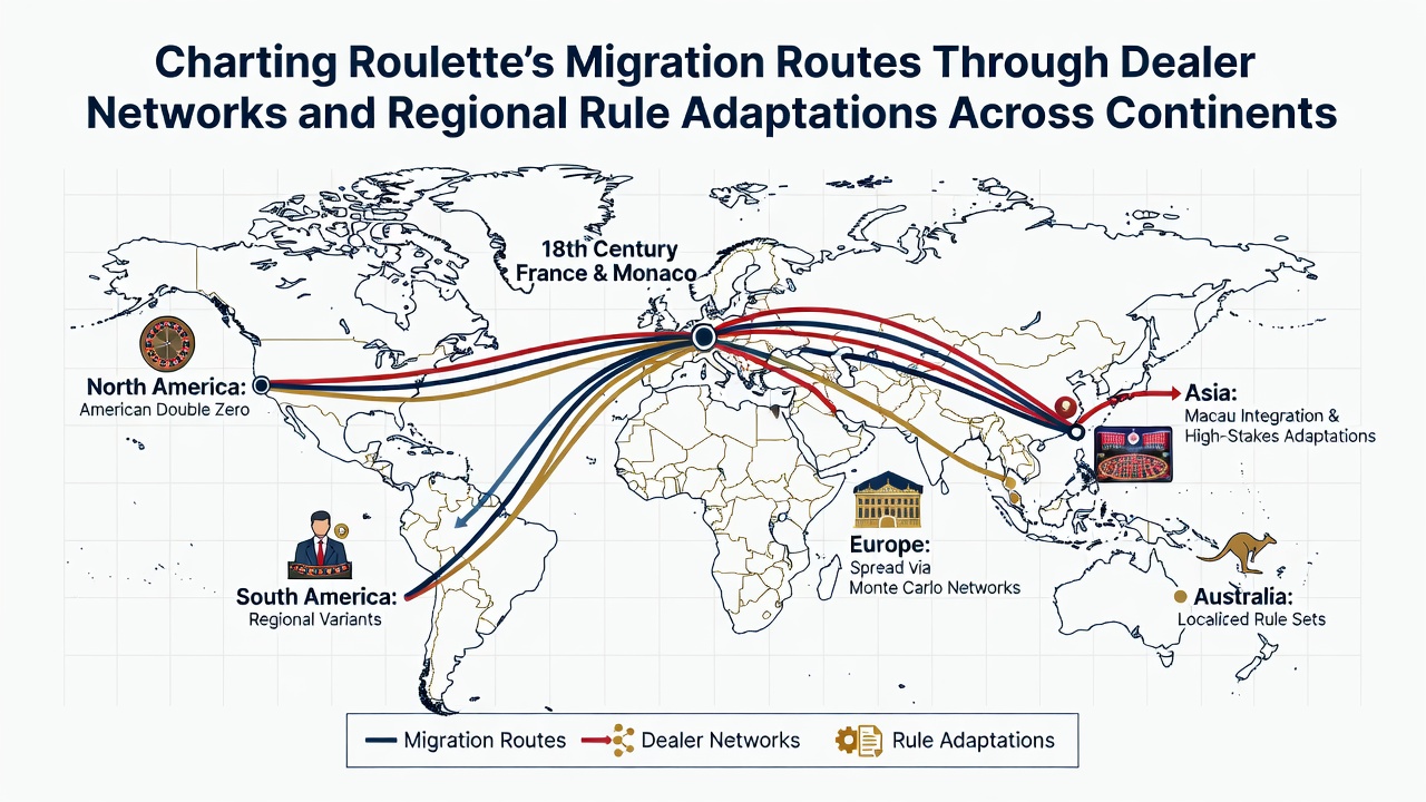 Historical map showing roulette spread across continents via dealer networks
