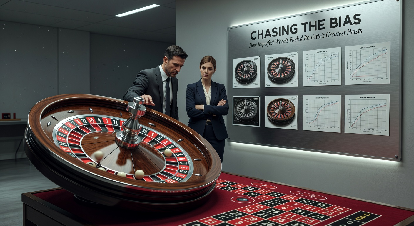 Modern roulette wheel under analysis with computers tracking spins, evoking Garcia-Pelayo's data-driven approach to bias detection