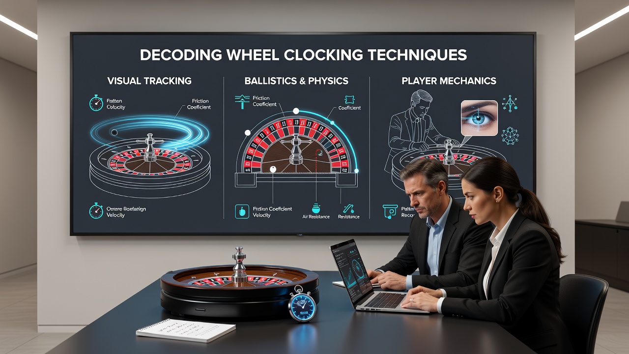 Professional roulette player observing wheel mechanics with timing device in a casino setting