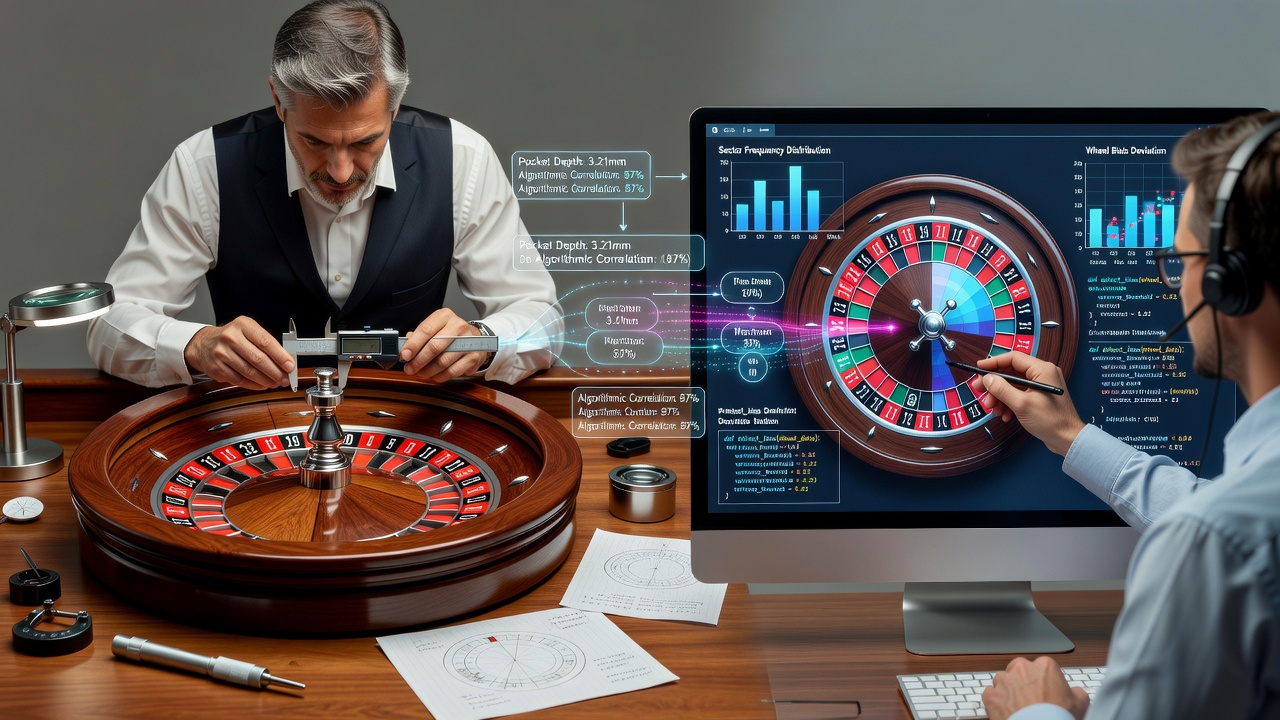 Professional gambler analyzing roulette wheel bias in a physical casino setting with data tracking tools