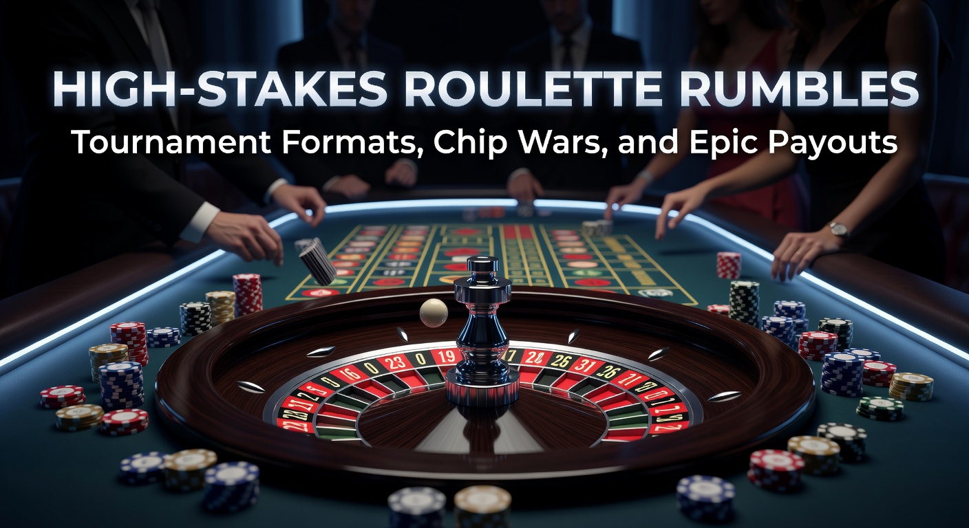 High-stakes roulette tournament players intensely focused at the table, chips stacked high amid flashing lights and cheering crowds