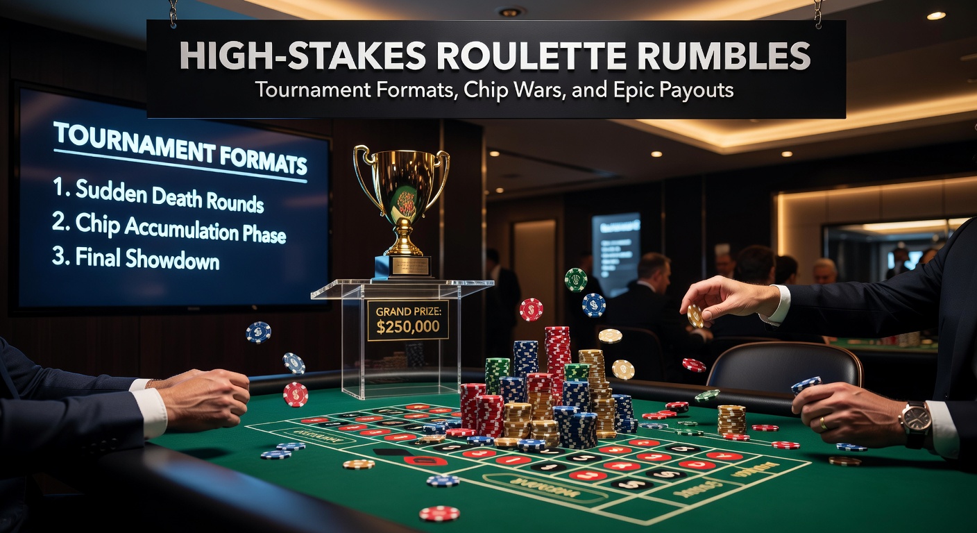 Dramatic final table in a roulette tournament, winner hoisting a massive trophy surrounded by overflowing chip trays and confetti