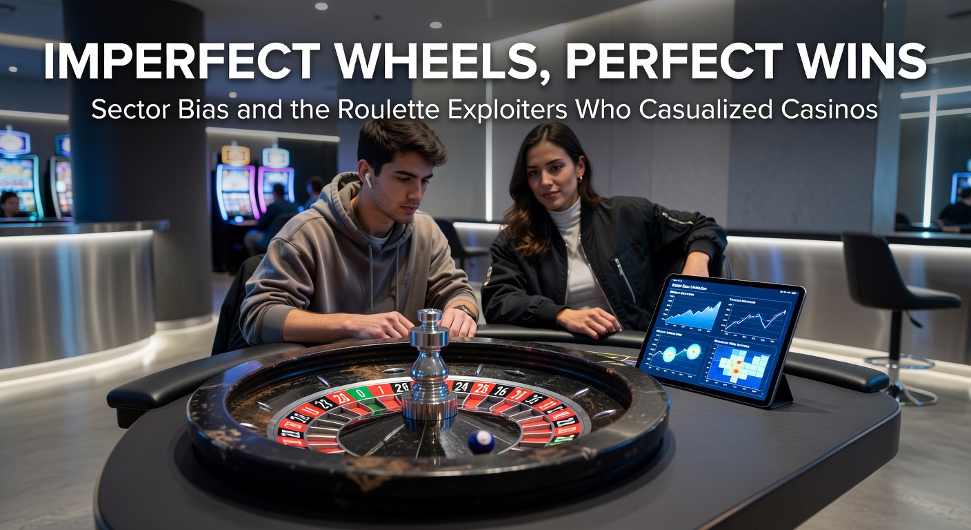 Vintage roulette wheel showing subtle imperfections in its sectors, with a blurred casino background highlighting historical exploitation