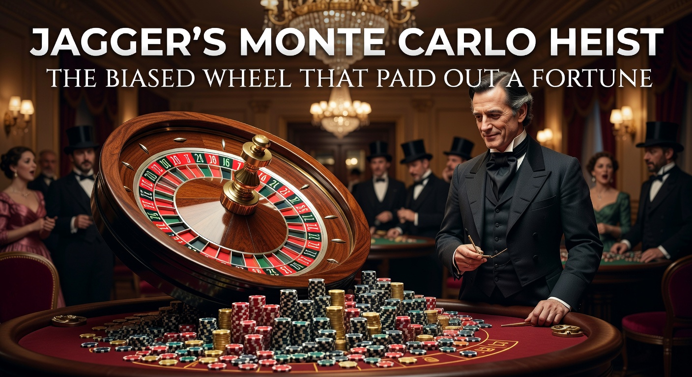 Vintage illustration of Joseph Jagger observing roulette wheels at Monte Carlo Casino in the late 19th century, capturing the intensity of his systematic tracking efforts