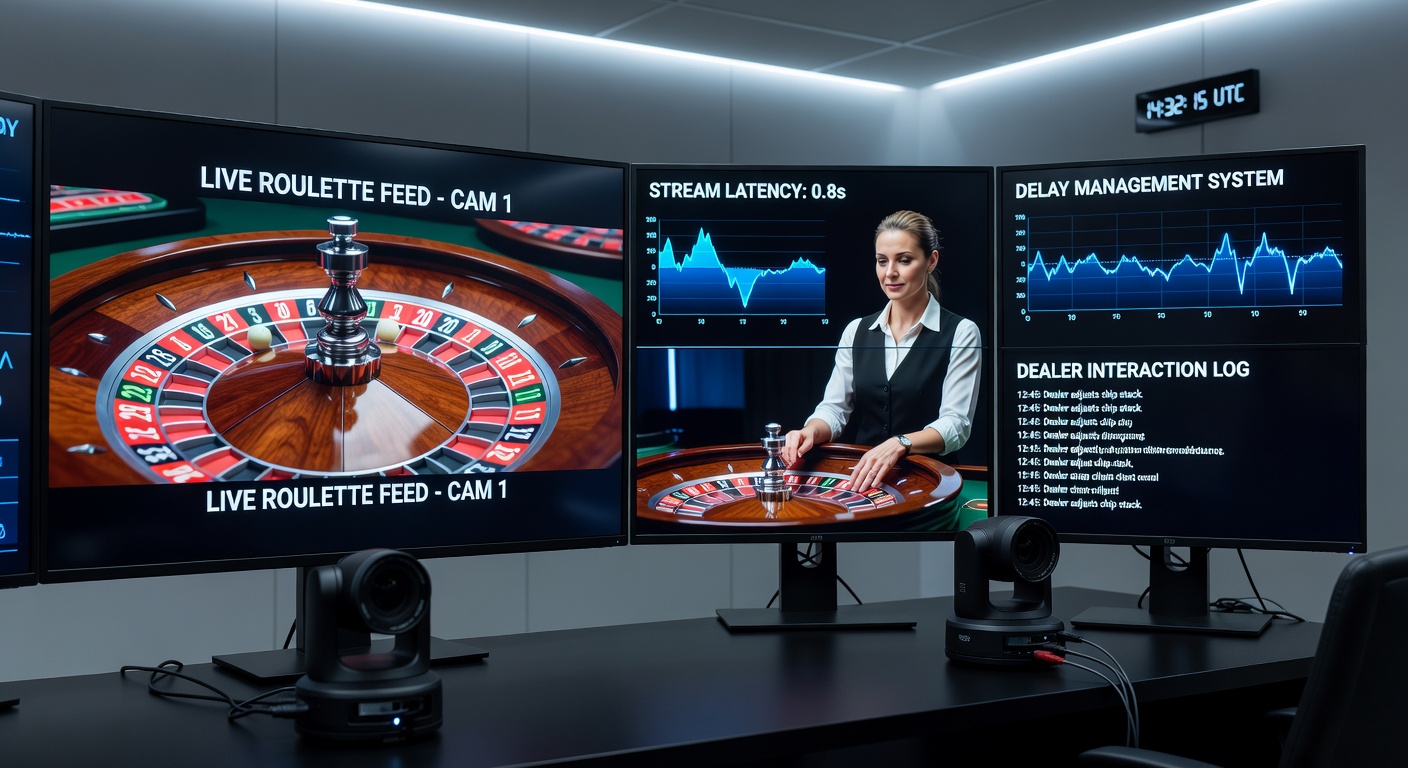 Dealer interacting dynamically with players at a live roulette table, surrounded by camera rigs and monitors displaying real-time bets and outcomes