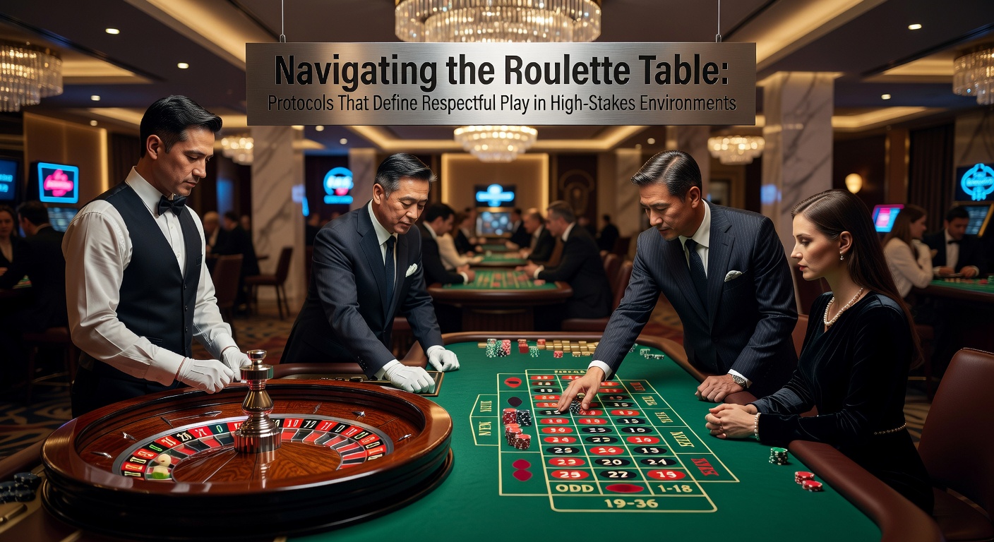 High-stakes roulette table with players maintaining respectful distance and proper chip handling under casino lighting