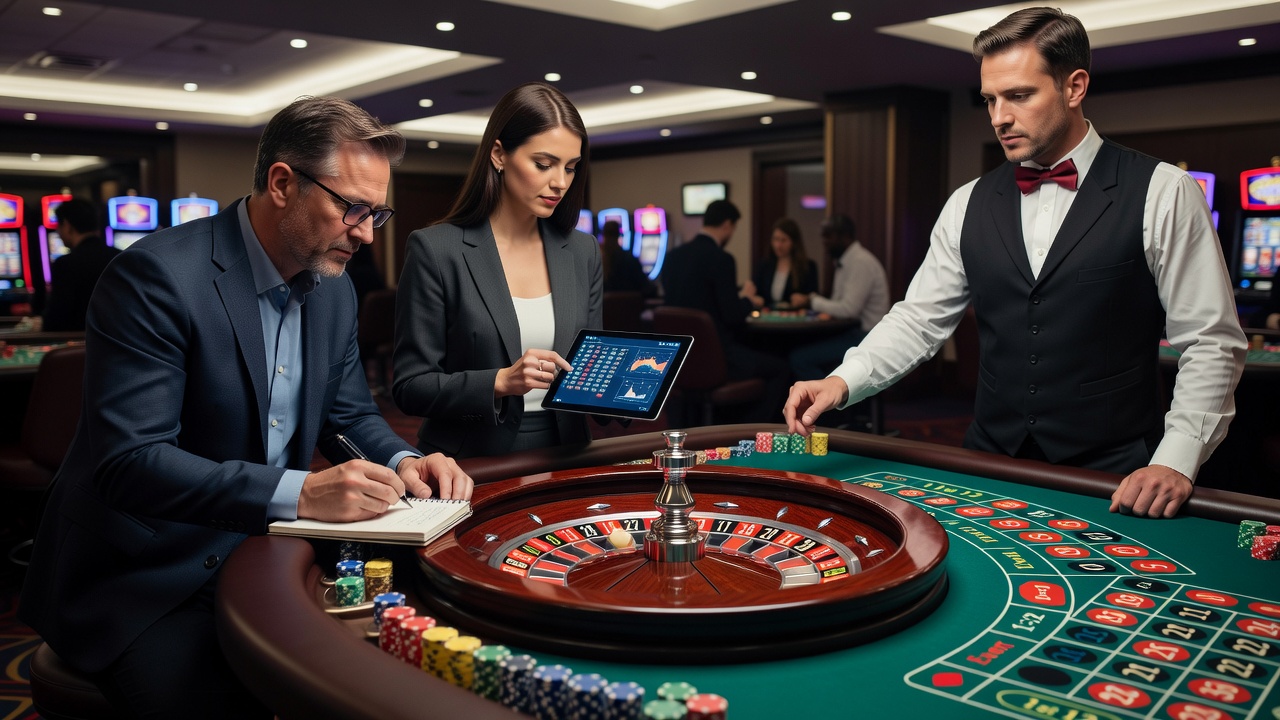 Detailed view of roulette wheel components under inspection in a casino setting