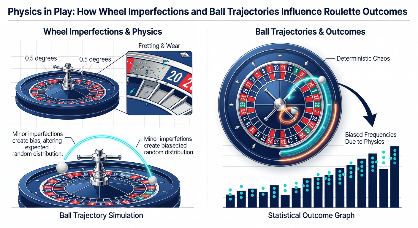 Diagram illustrating roulette ball trajectory with arrows showing path from track to pockets, overlaid with physics equations for velocity and friction