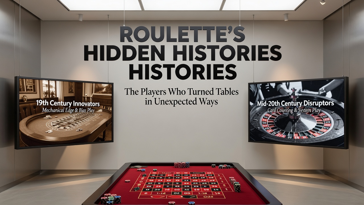Vintage photograph of a roulette table surrounded by players in formal attire during the 1920s