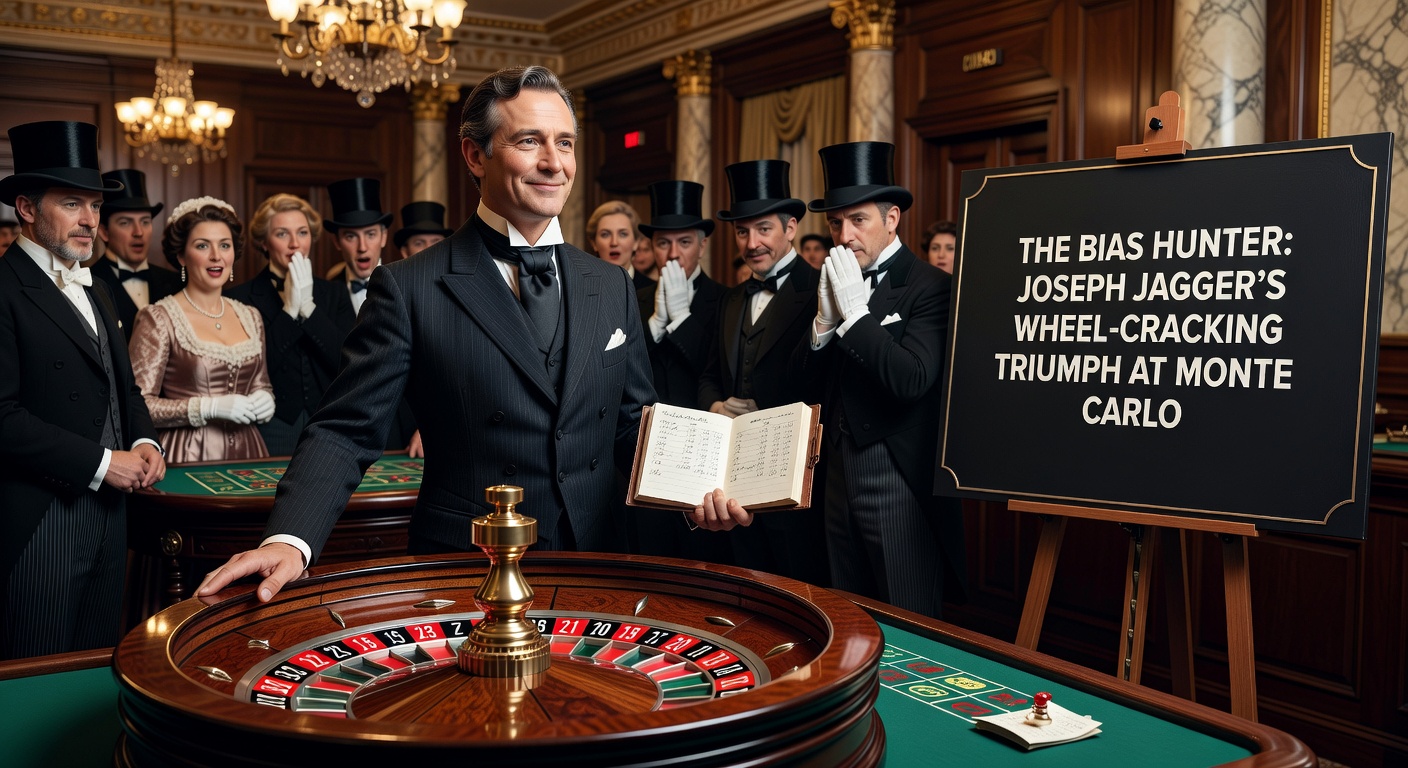 Illustration depicting Joseph Jagger observing roulette spins at Monte Carlo, with clerks noting results and biased wheel sections highlighted