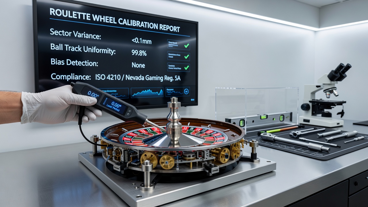 Close-up view of a roulette wheel during professional calibration with measurement tools attached