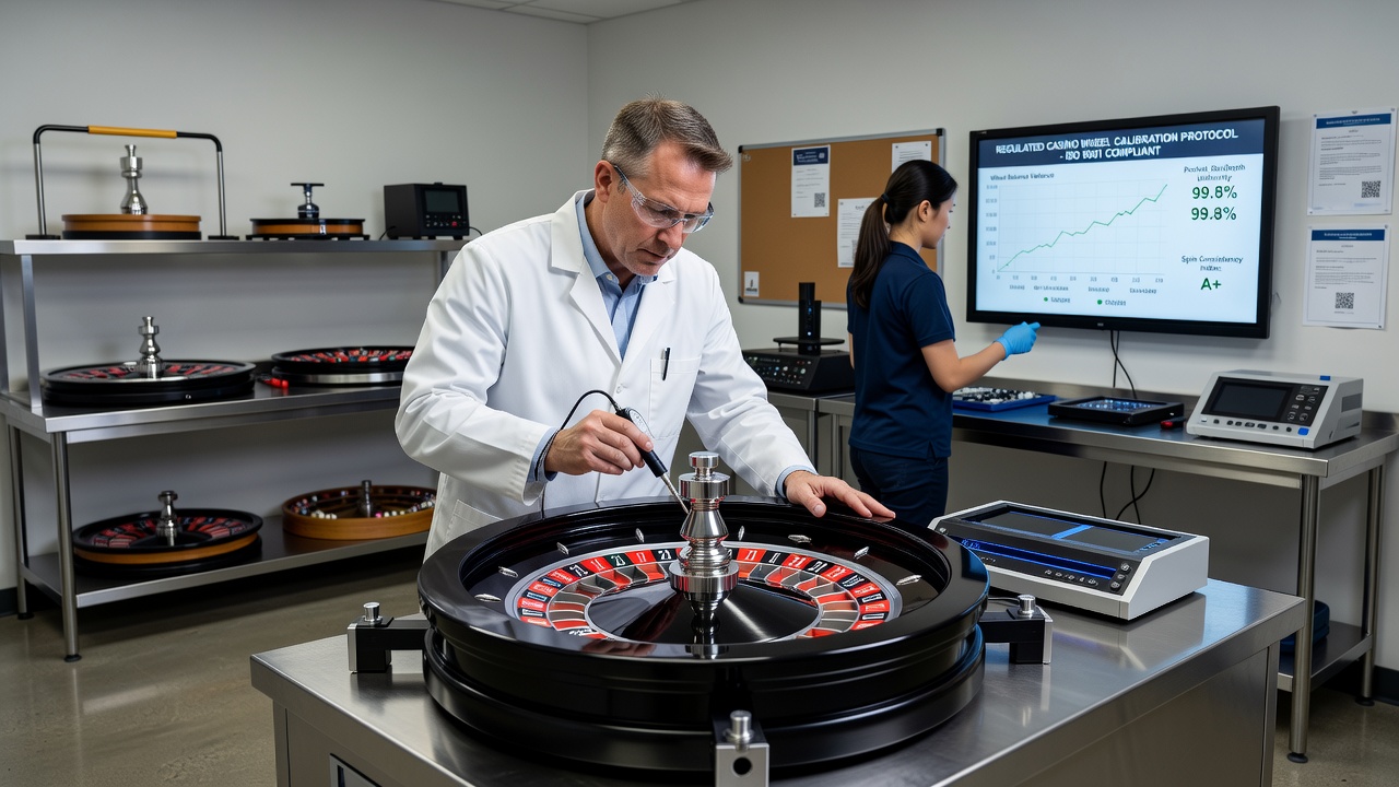 Technician performing electronic calibration checks on a casino roulette wheel assembly