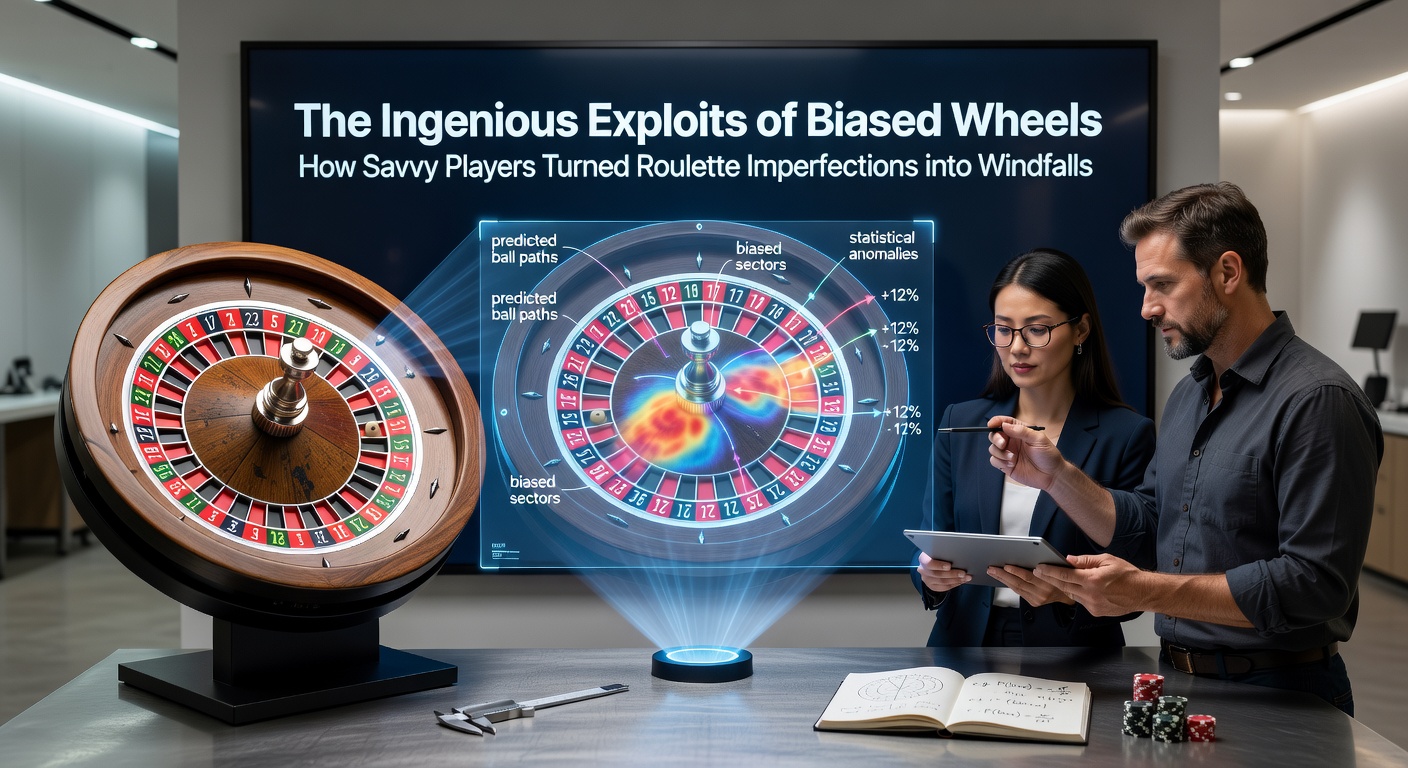 Vintage roulette wheel showing wear and tilt, illustrating physical imperfections exploited by players