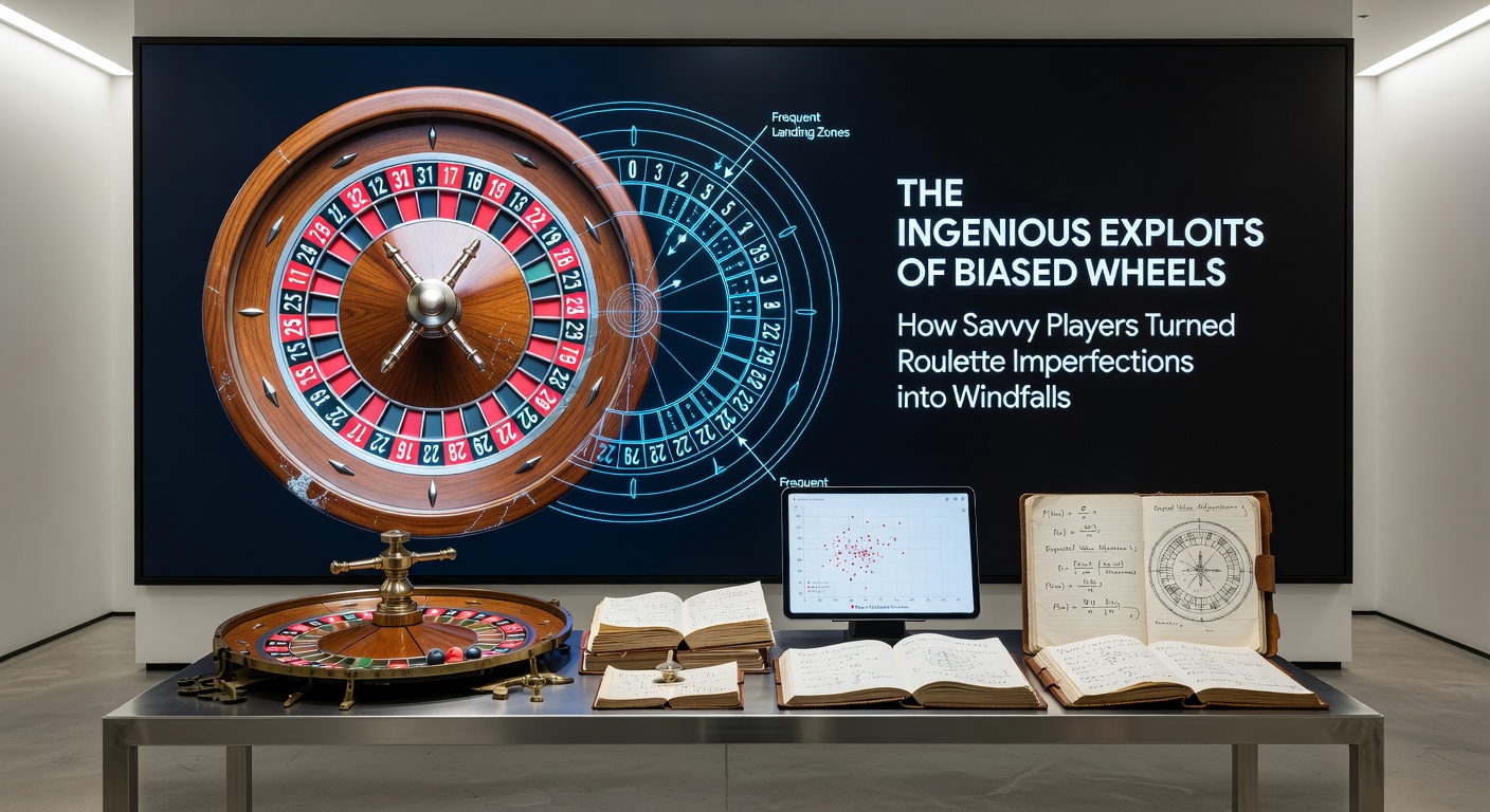 Modern roulette wheel under maintenance, with technicians measuring for biases using precision tools