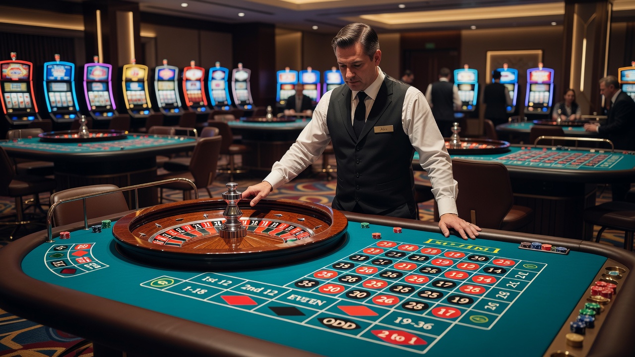 Roulette table layout showing wheel position and betting areas in a busy casino floor