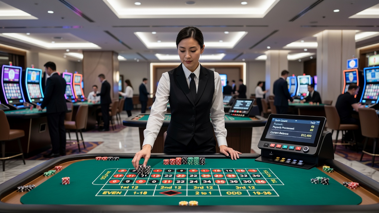 Dealer demonstrating ergonomic posture at a roulette table during active play