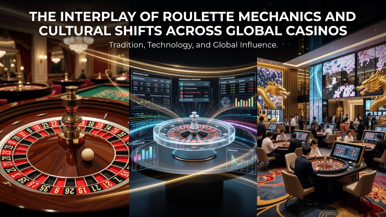 Classic roulette wheel surrounded by diverse casino patrons from different cultural backgrounds