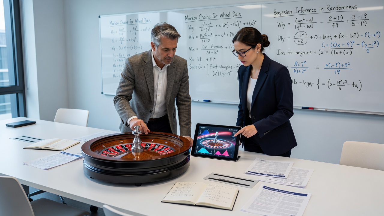 Researchers analyzing probability distributions in roulette simulations at a university lab