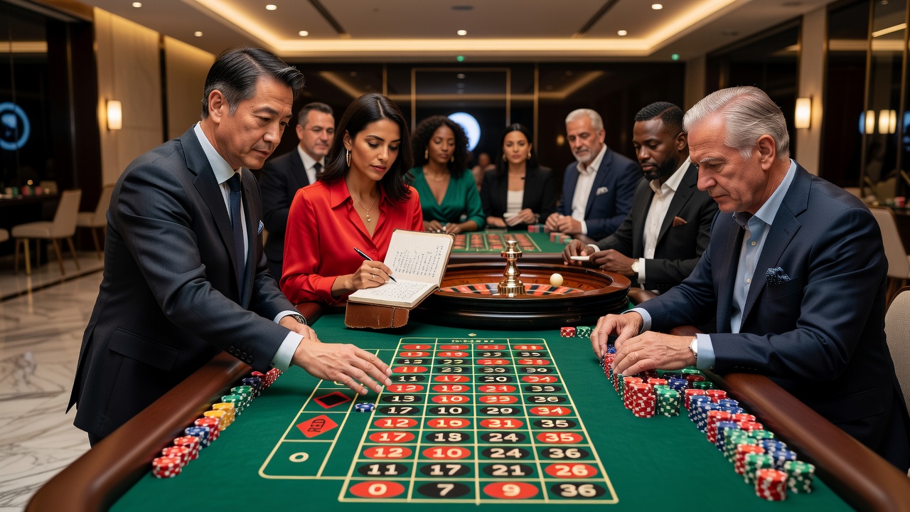 Close-up view of roulette table showing player arrangements and symbolic items placed according to longstanding customs