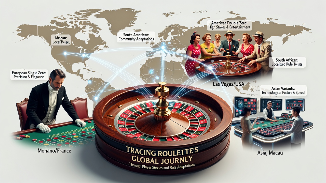 Historical roulette wheel with global map overlay showing migration routes from Europe to Americas and Asia