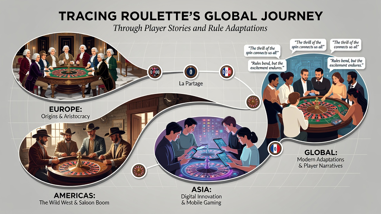 Diverse group of players at an international roulette table with regional rule cards visible