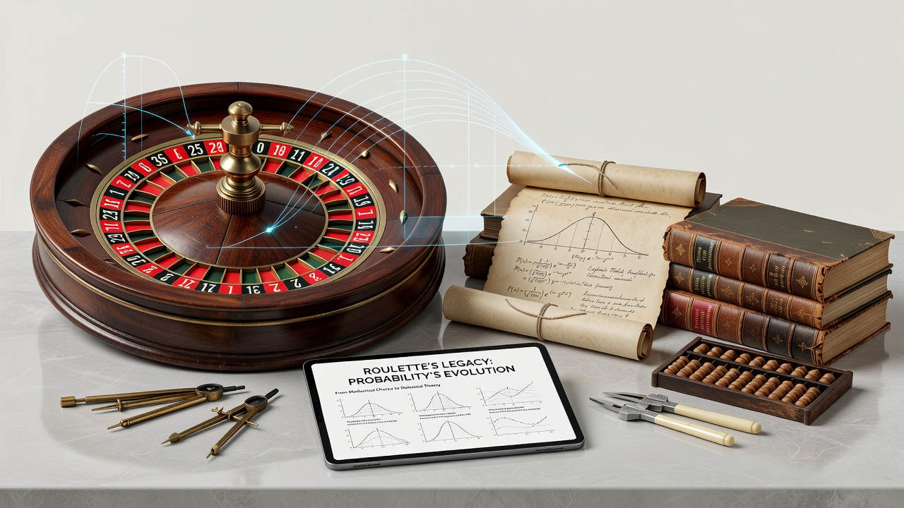 Historical illustration of a 19th century European roulette wheel alongside probability calculation notes from scholars