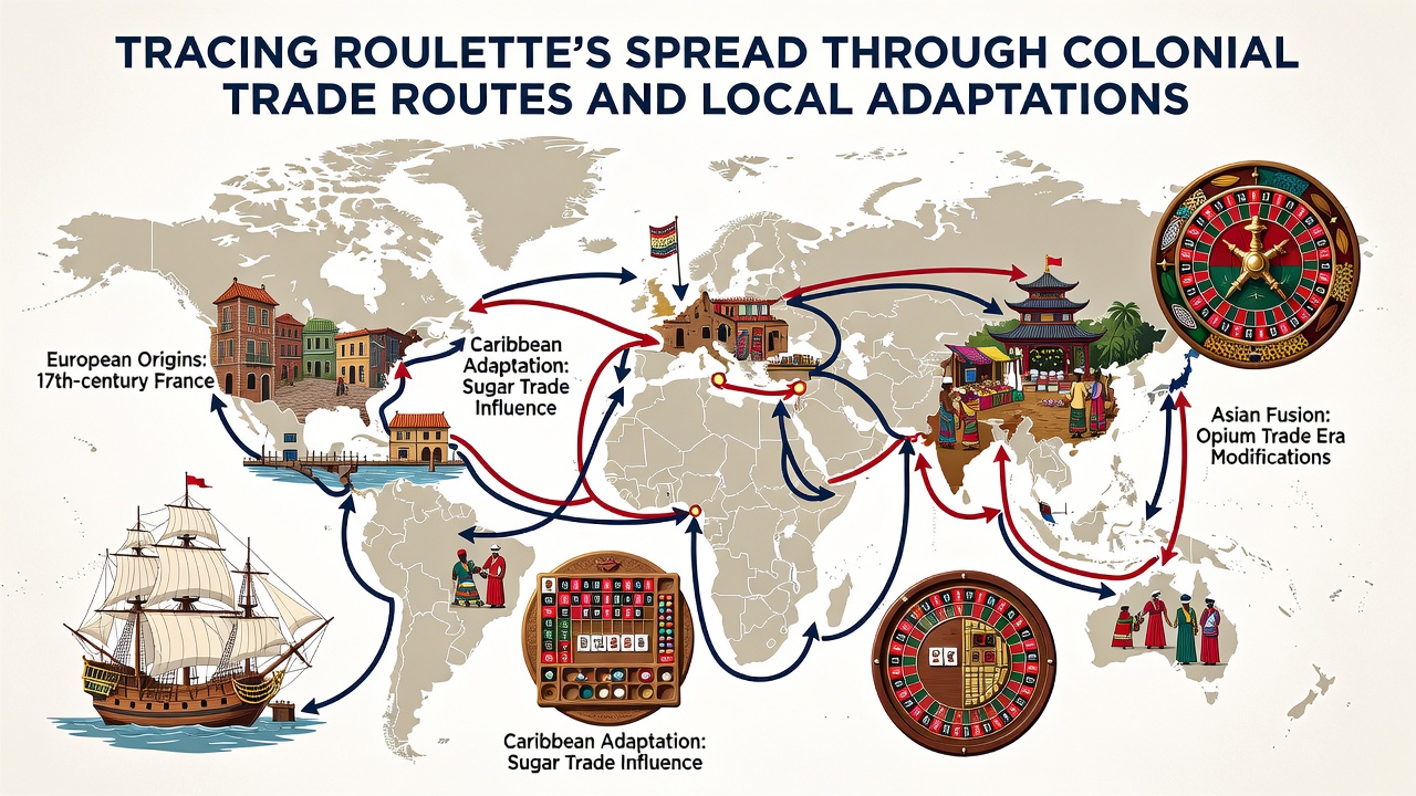 Vintage photograph of adapted roulette tables in colonial-era casinos across different continents