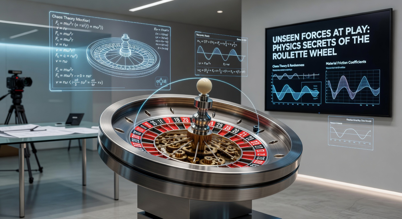 Scientific diagram illustrating a roulette ball's chaotic trajectory, with vectors showing velocity decay, gravitational pull, and fret deflections across numbered pockets