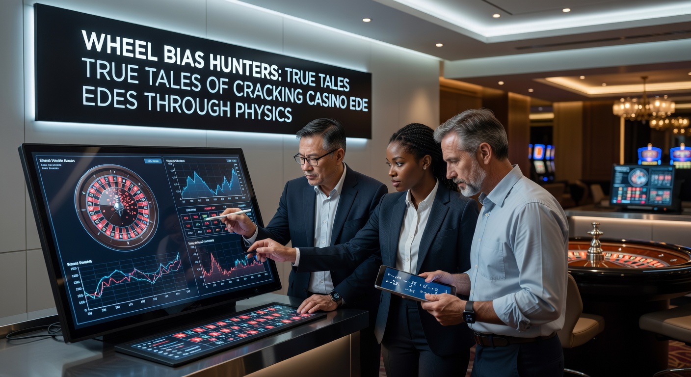 Modern roulette wheel under inspection, with tools measuring for bias in a casino maintenance room