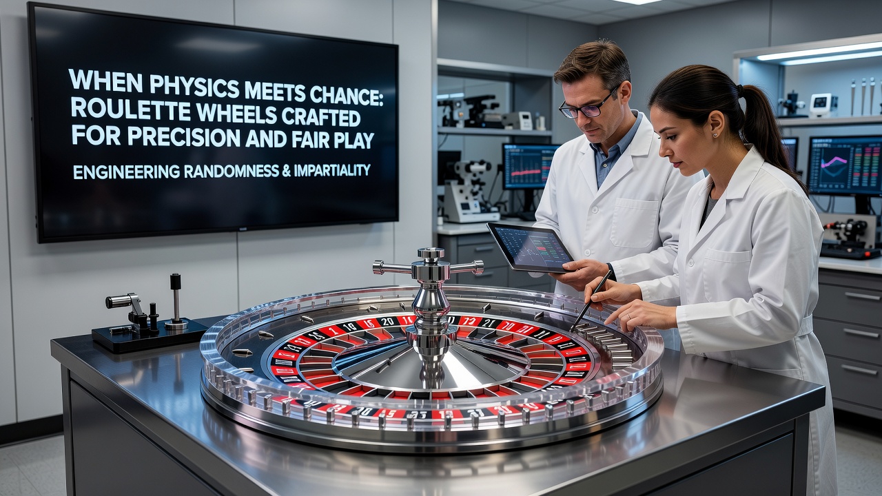 Technician performing balance and friction testing on a roulette wheel assembly